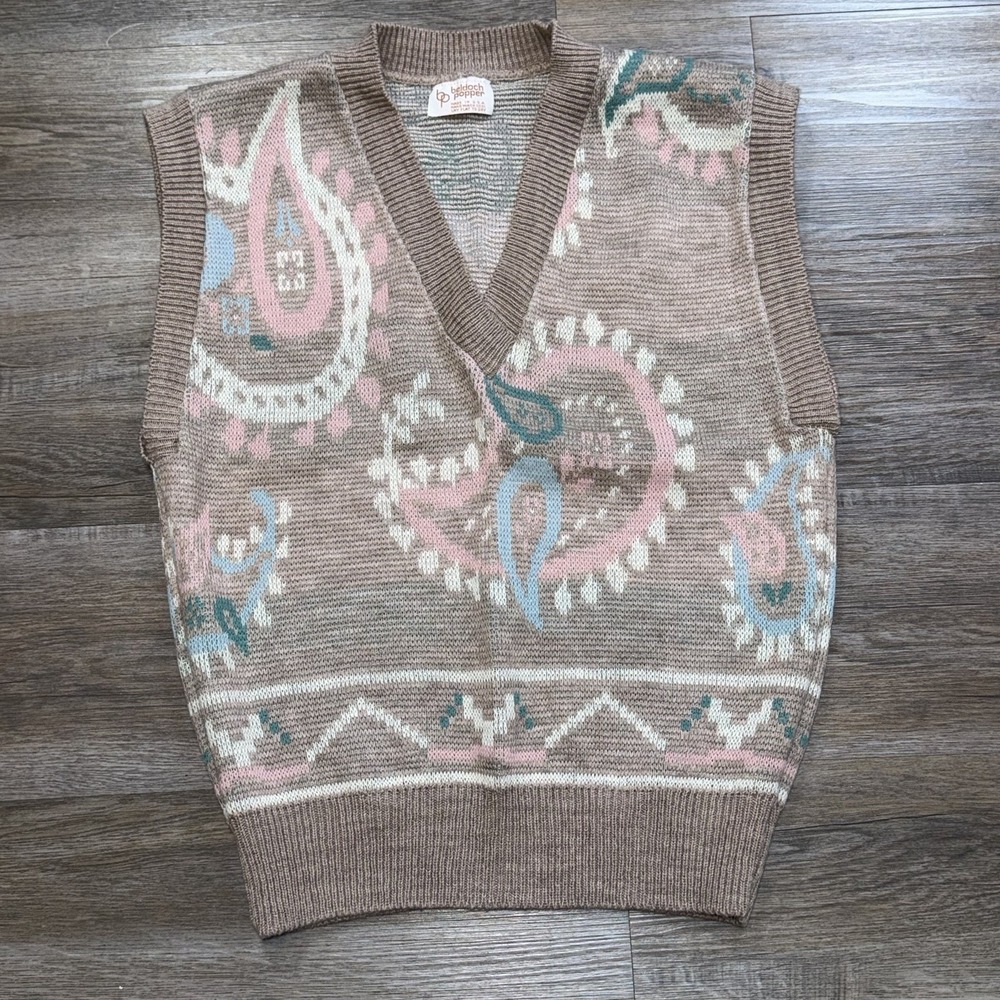 VTG Beldoch Popper Sweater Vest Womens Small Pastel Pink Blue Paisley Geometric